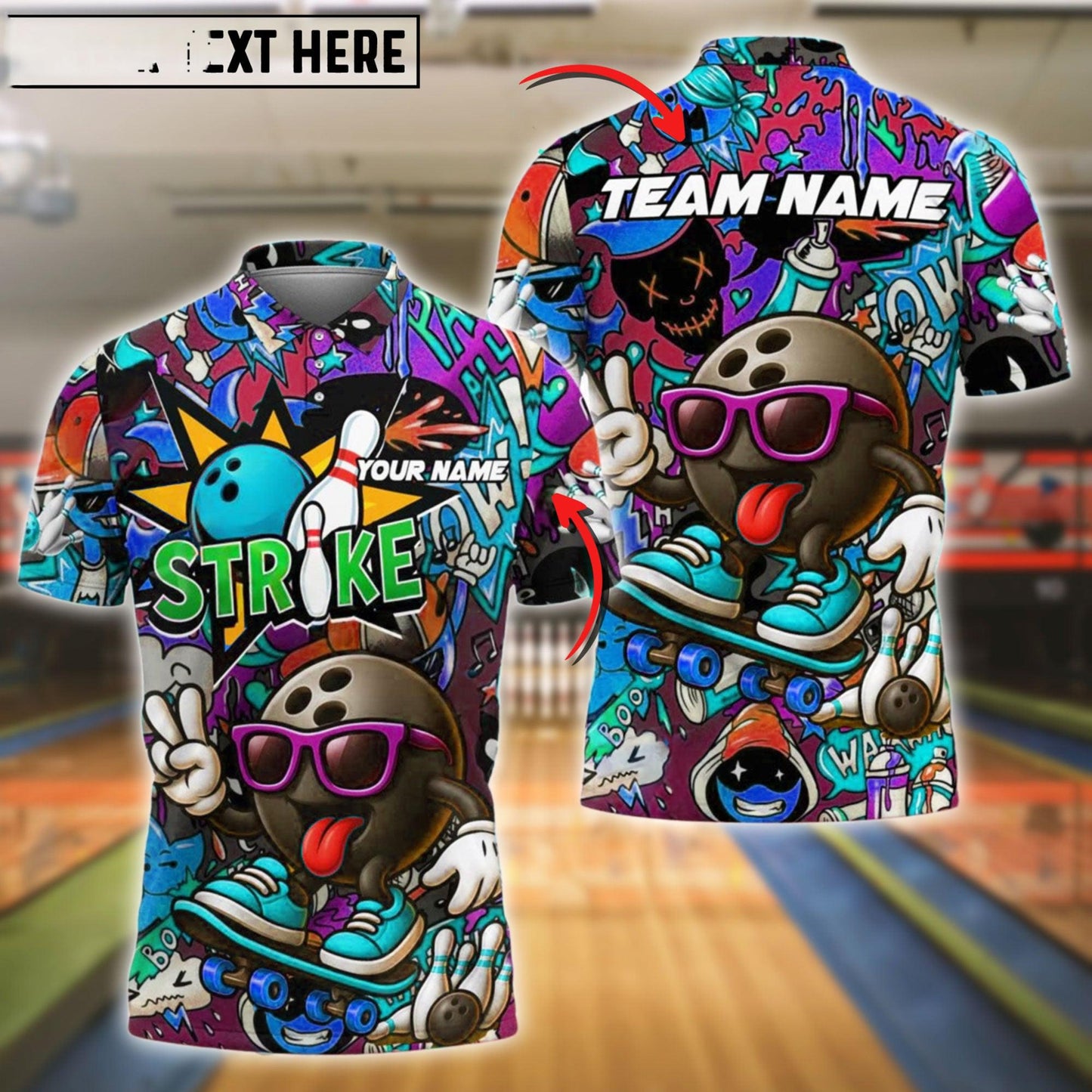 Bowling Street Strike Graffiti Skater Style Customized Name, Team Name 3D Shirt (4 Colors)