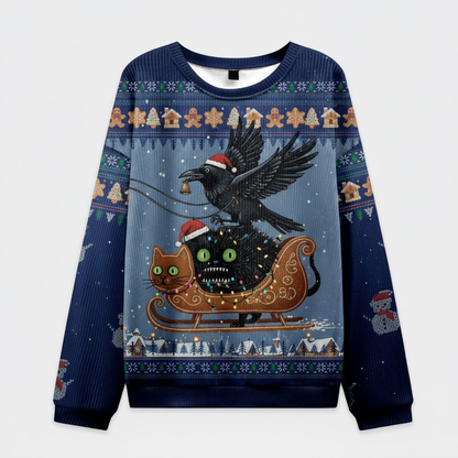 🐦 Dark Christmas Cat & Crow Sweater – Creepy Funny Holiday Pullover Gift