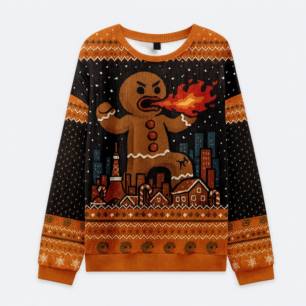 🍪 Fire-Breathing Gingerbread Ugly Christmas Sweater – Hilarious Holiday Jumper