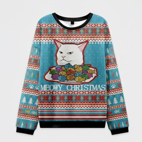 🐟 Meowy Christmas Grumpy Cat Sweater – Funny Cat Lover Ugly Christmas Jumper